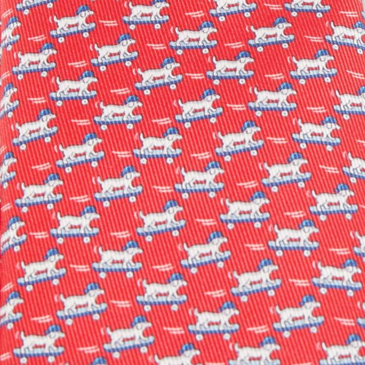 Pre Owned Hermès Red Roller Dog Printed Silk Slim Tie