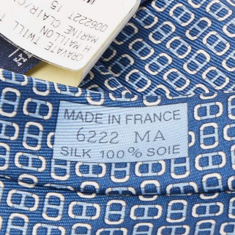Pre Owned Hermès Blue 7 H Maillon Printed Silk Slim Tie