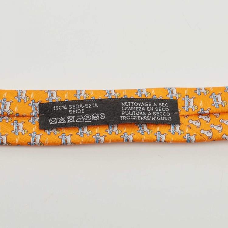 Pre Owned Hermès Orange Roller Dog Printed Silk Slim Tie