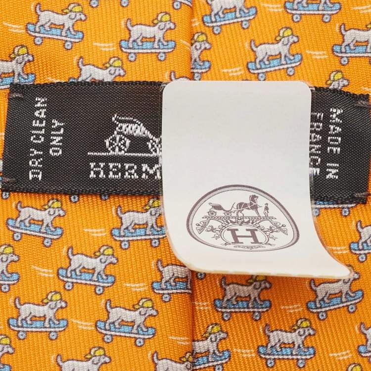 Pre Owned Hermès Orange Roller Dog Printed Silk Slim Tie