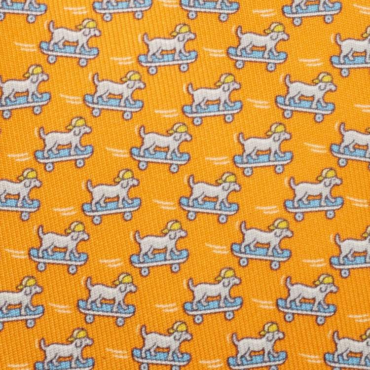 Pre Owned Hermès Orange Roller Dog Printed Silk Slim Tie