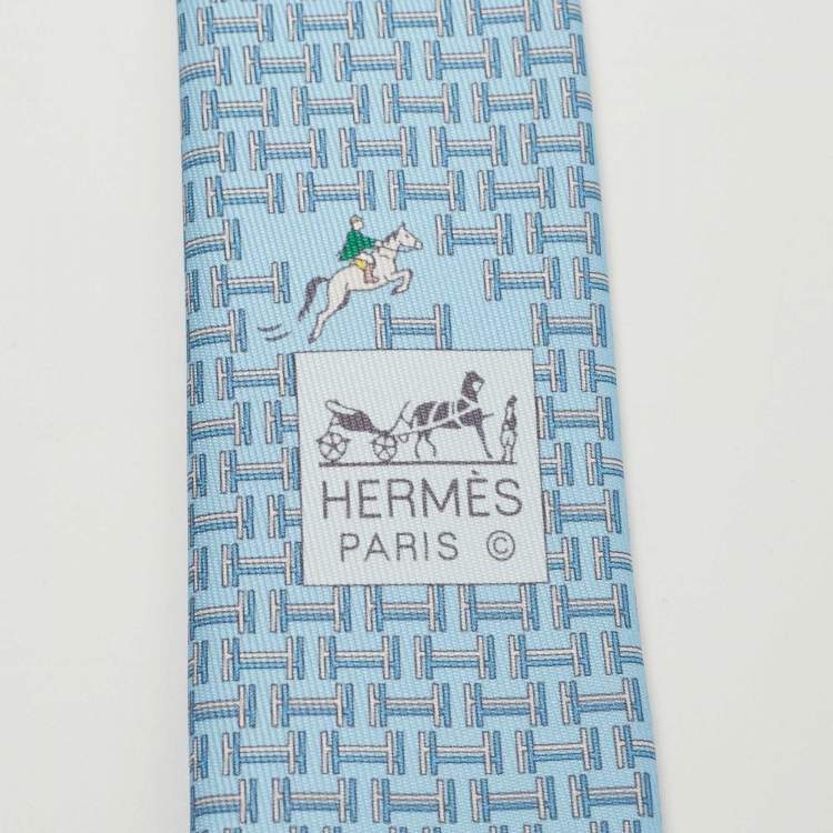 Pre Owned Hermès Light Blue H Quinte Printed Silk Slim Tie