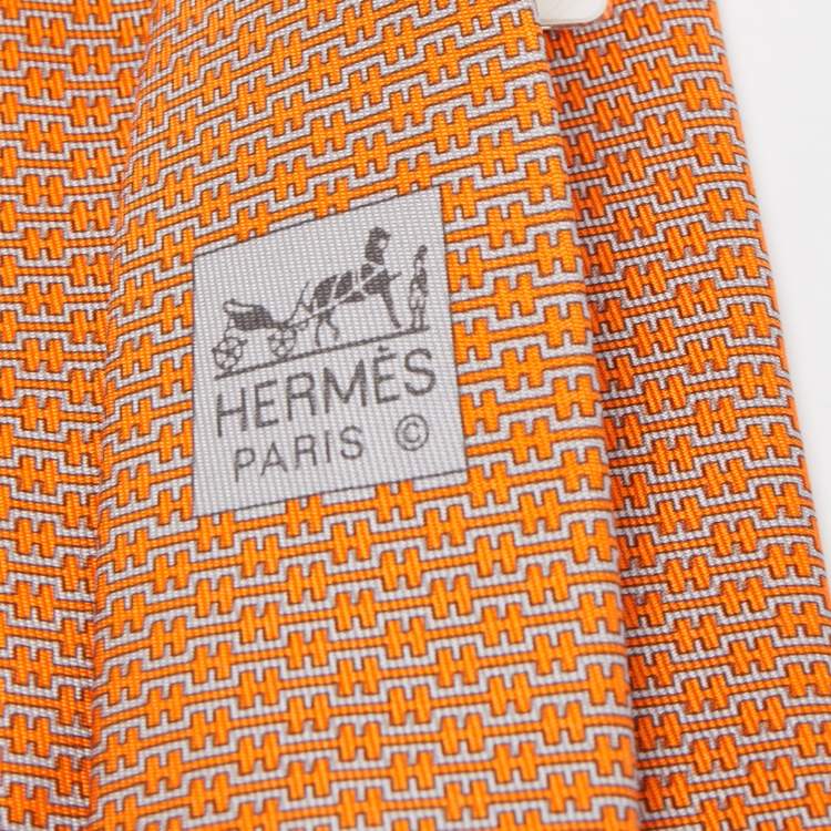 Pre Owned Hermes Orange H Ligne Printed Silk Slim Tie
