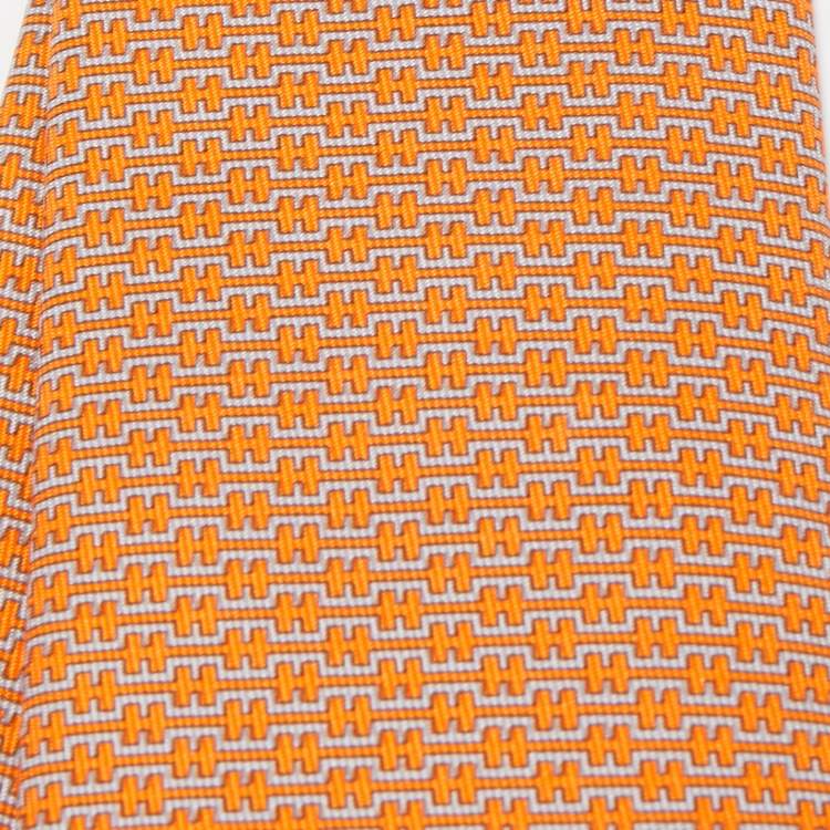 Pre Owned Hermes Orange H Ligne Printed Silk Slim Tie