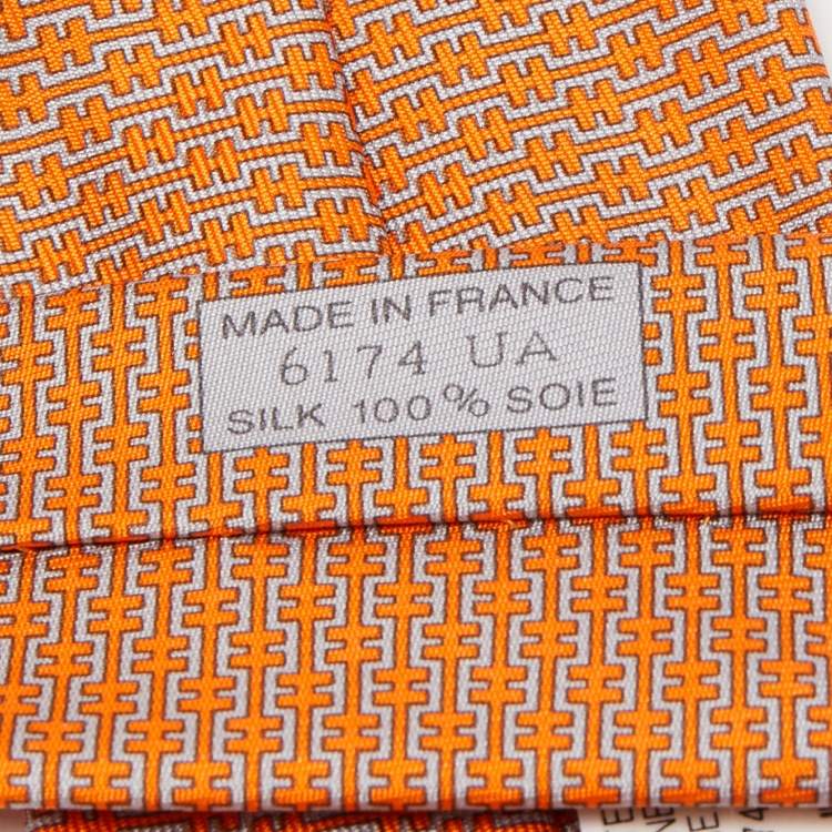 Pre Owned Hermes Orange H Ligne Printed Silk Slim Tie