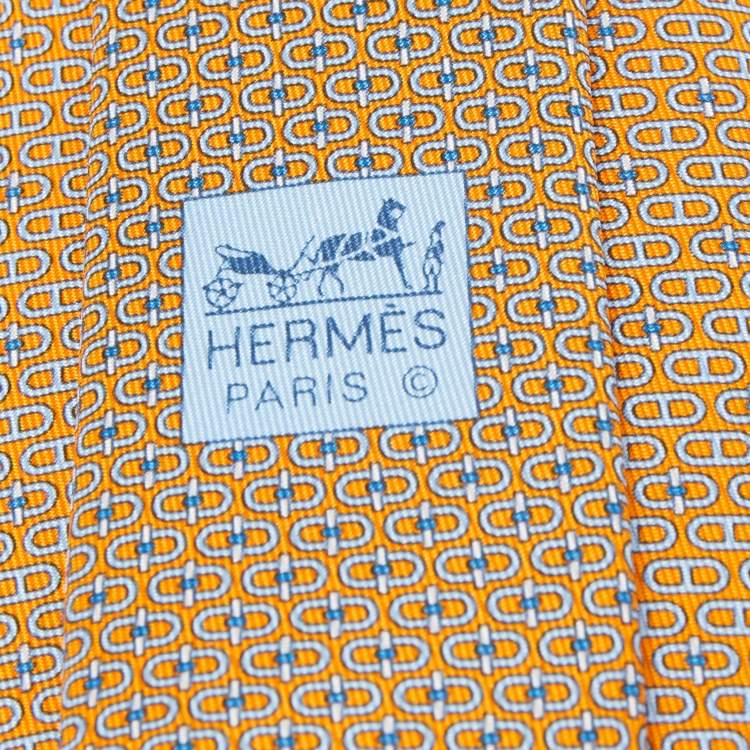 Pre Owned Hermès Orange Glenan Twillbi Printed Silk Slim Tie
