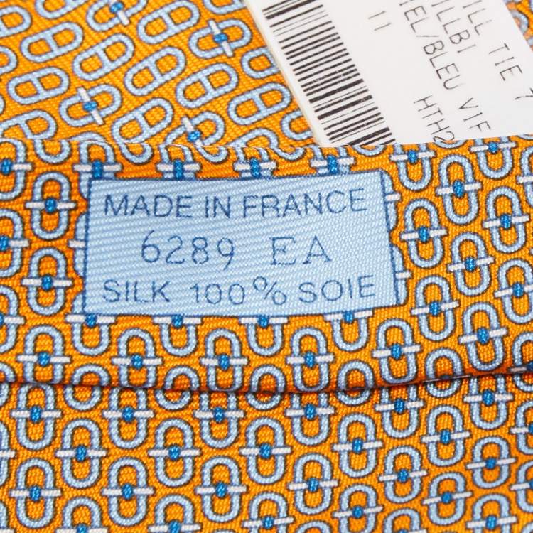 Pre Owned Hermès Orange Glenan Twillbi Printed Silk Slim Tie