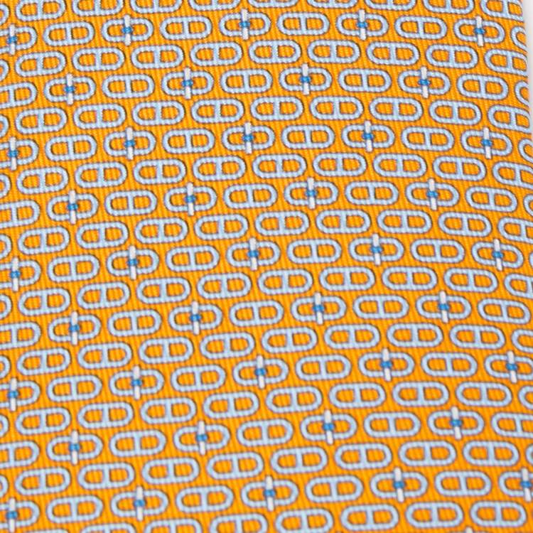 Pre Owned Hermès Orange Glenan Twillbi Printed Silk Slim Tie