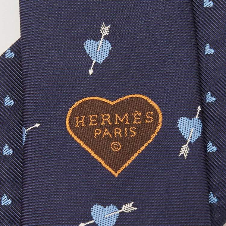 Pre Owned Hermès Navy Blue From Hermes With Love Silk Jacquard Slim Tie