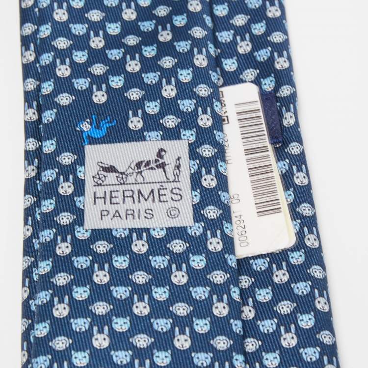 Pre Owned Hermès Navy Blue Tetes A Pois Printed Silk Slim Tie