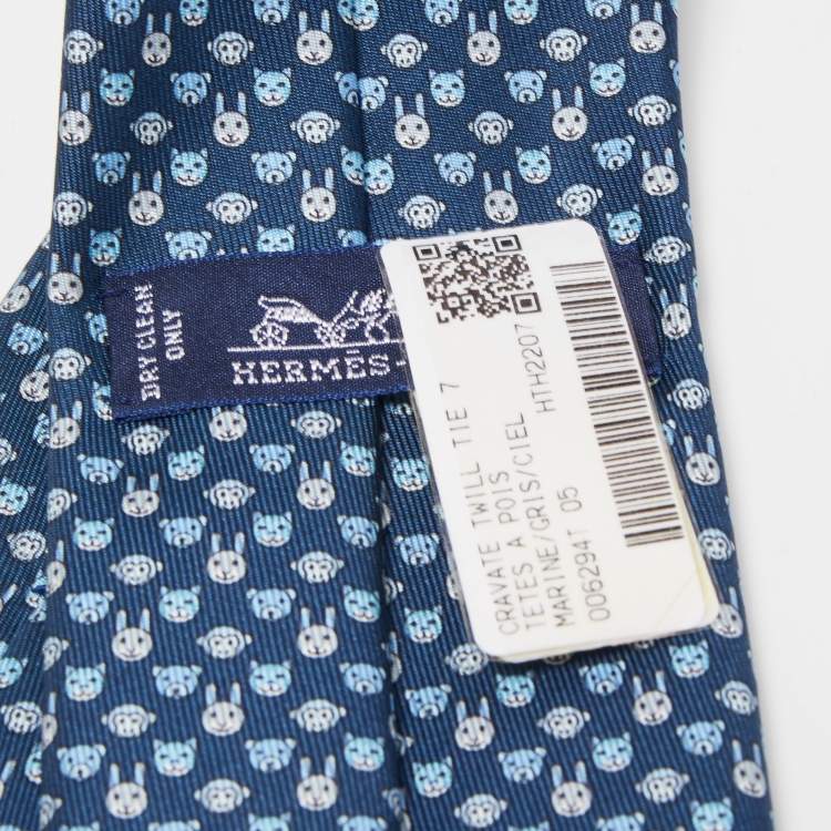 Pre Owned Hermès Navy Blue Tetes A Pois Printed Silk Slim Tie