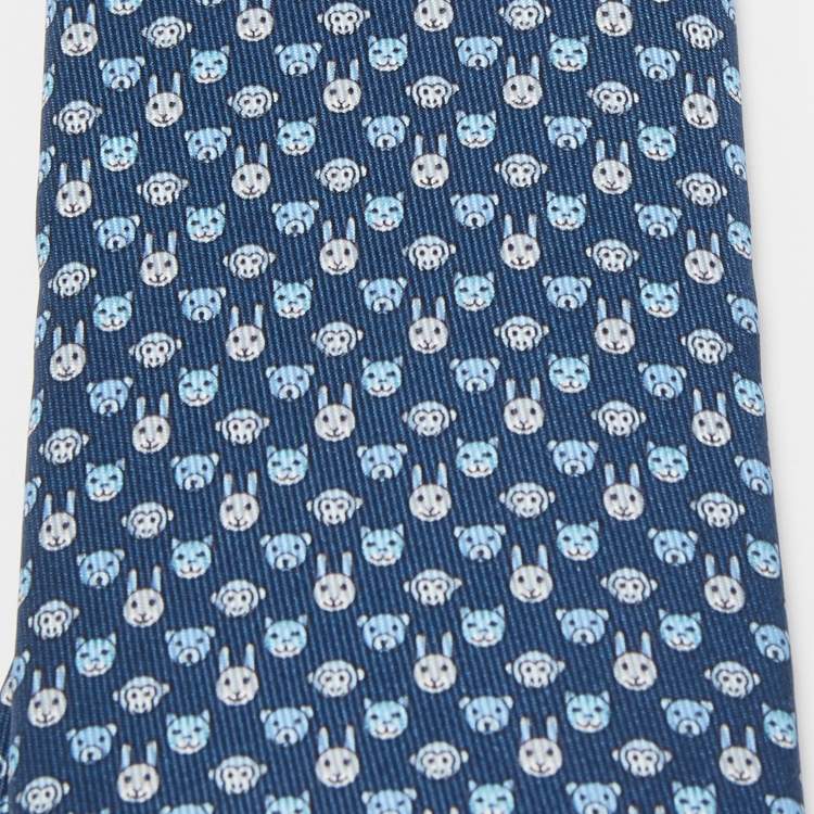 Pre Owned Hermès Navy Blue Tetes A Pois Printed Silk Slim Tie