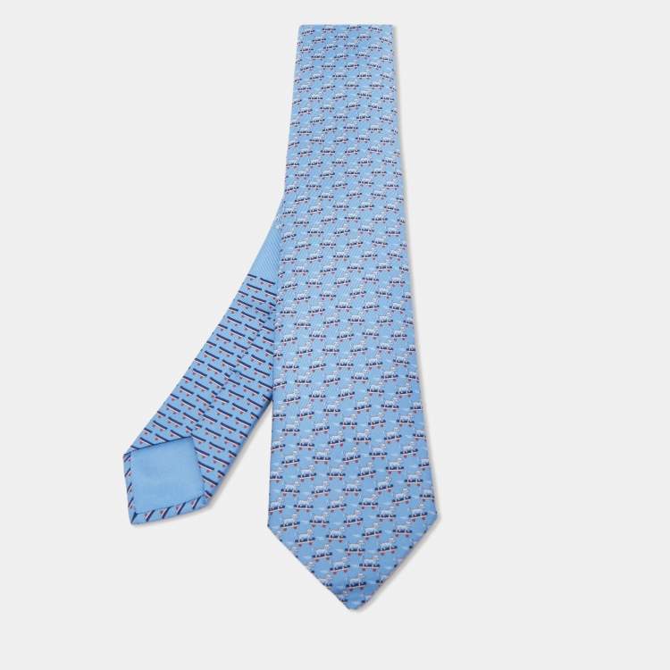 Pre Owned Hermès Blue Roller Dog Printed Silk Slim Tie