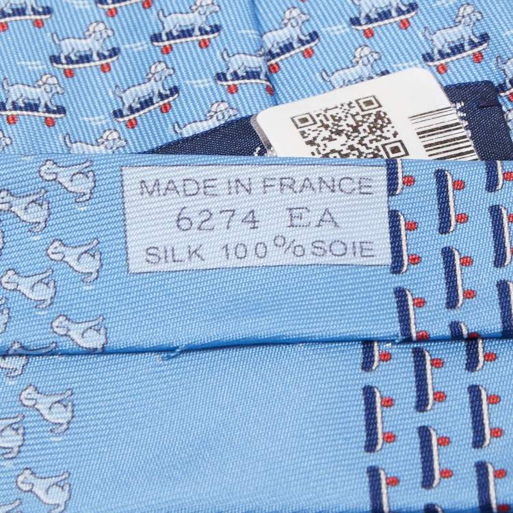 Pre Owned Hermès Blue Roller Dog Printed Silk Slim Tie