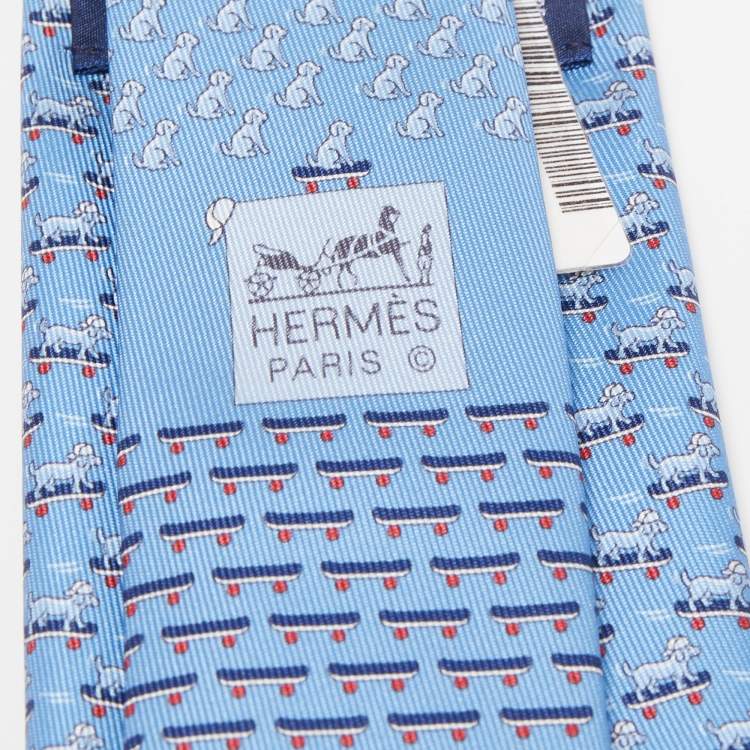 Pre Owned Hermès Blue Roller Dog Printed Silk Slim Tie