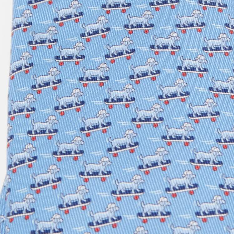 Pre Owned Hermès Blue Roller Dog Printed Silk Slim Tie