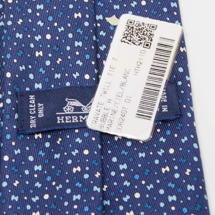 Pre Owned Hermès Navy Blue Bubble H Printed Silk Slim Tie