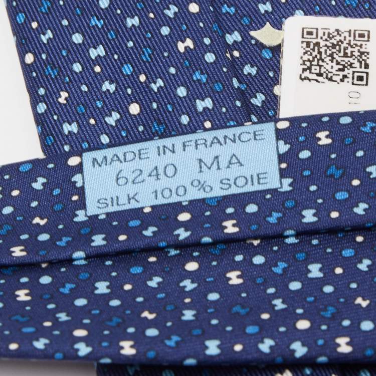 Pre Owned Hermès Navy Blue Bubble H Printed Silk Slim Tie