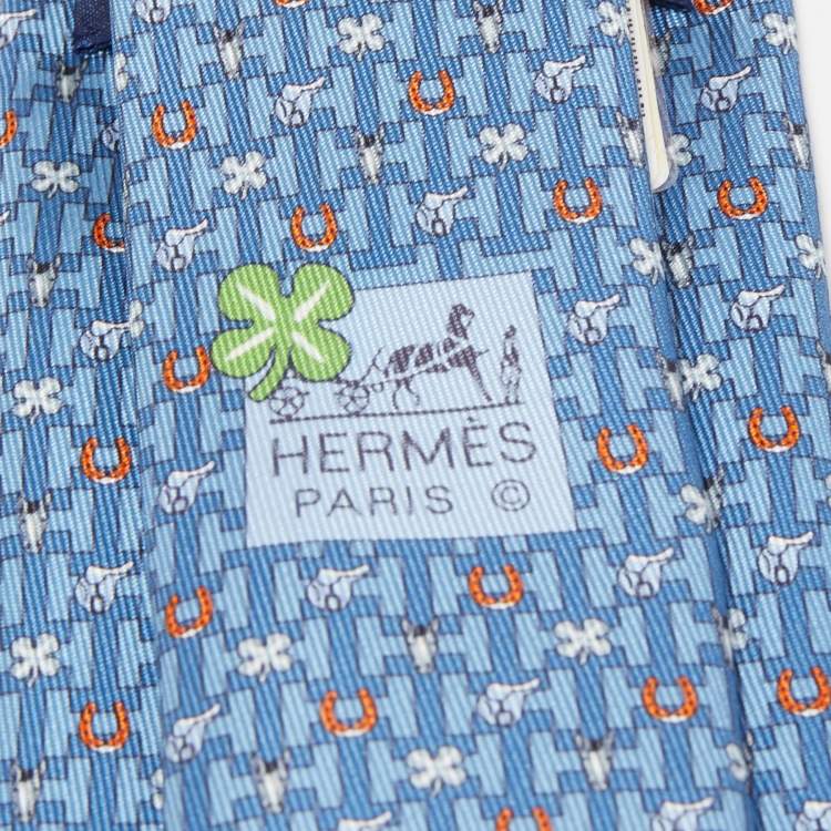 Pre Owned Hermès Blue H Luck Printed Silk Slim Tie