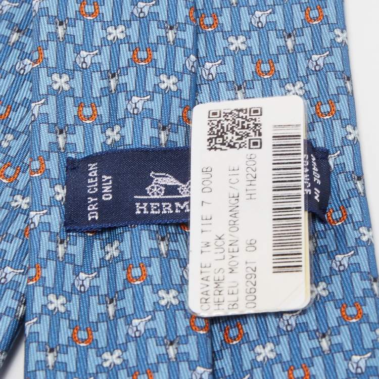 Pre Owned Hermès Blue H Luck Printed Silk Slim Tie