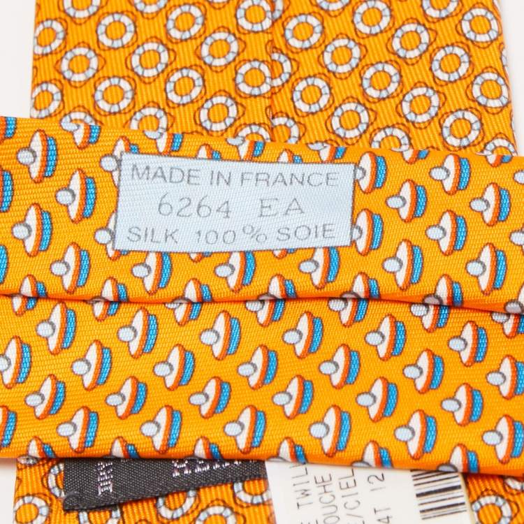 Pre Owned Hermès Orange J'Ai Touche Le Pompon Printed Silk Slim Tie