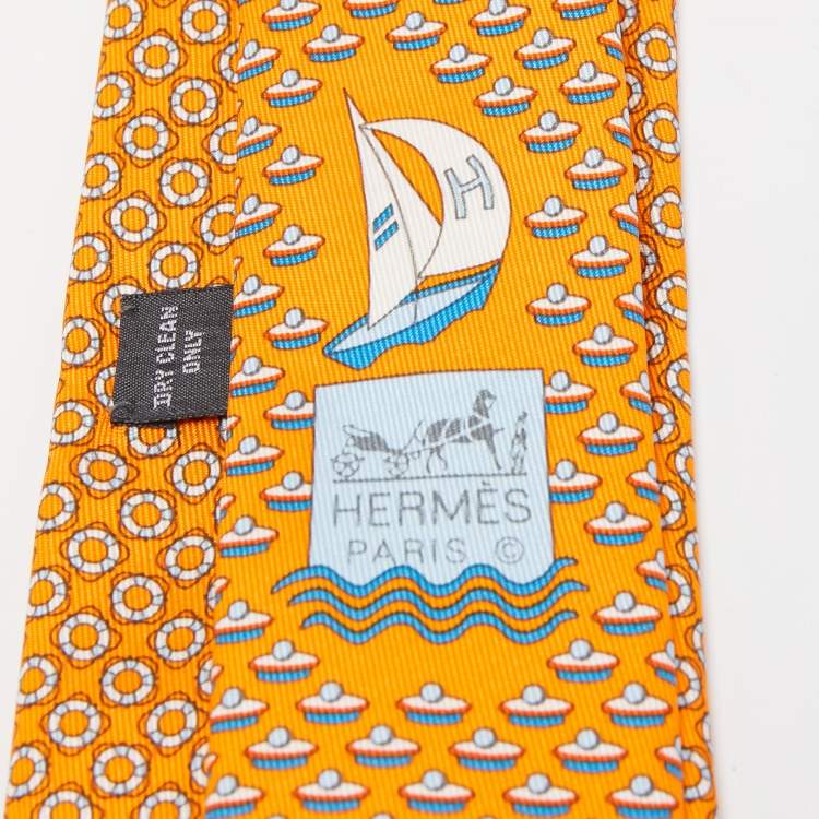 Pre Owned Hermès Orange J'Ai Touche Le Pompon Printed Silk Slim Tie