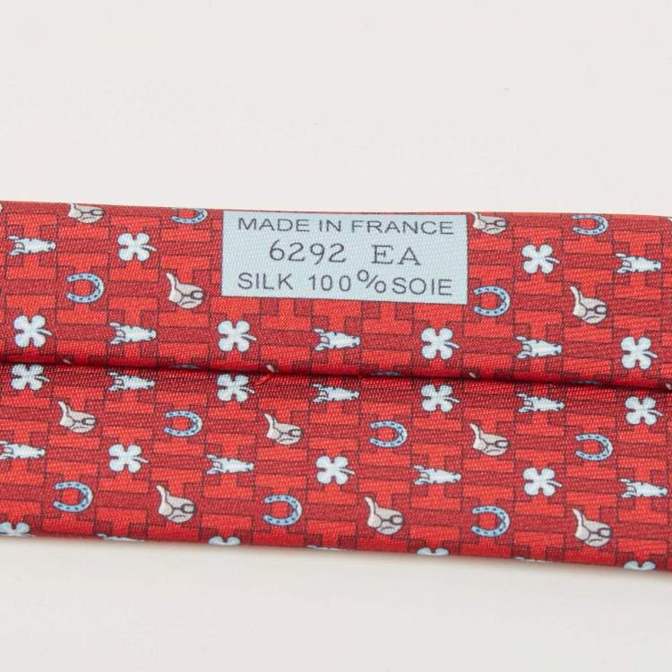 Pre Owned Hermès Red Hermès Luck Printed Silk Slim Tie