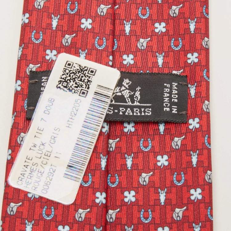 Pre Owned Hermès Red Hermès Luck Printed Silk Slim Tie