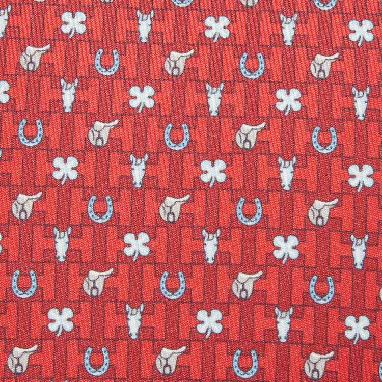 Pre Owned Hermès Red Hermès Luck Printed Silk Slim Tie