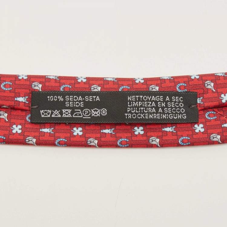 Pre Owned Hermès Red Hermès Luck Printed Silk Slim Tie
