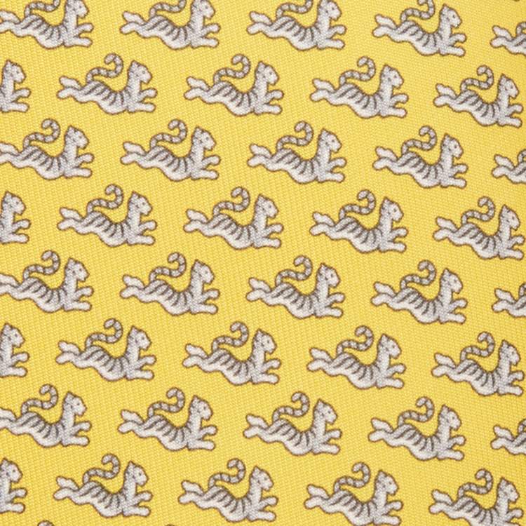 Pre Owned Hermes Yellow Happy Tiger Printed Silk Slim Tie