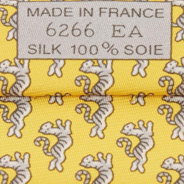 Pre Owned Hermes Yellow Happy Tiger Printed Silk Slim Tie