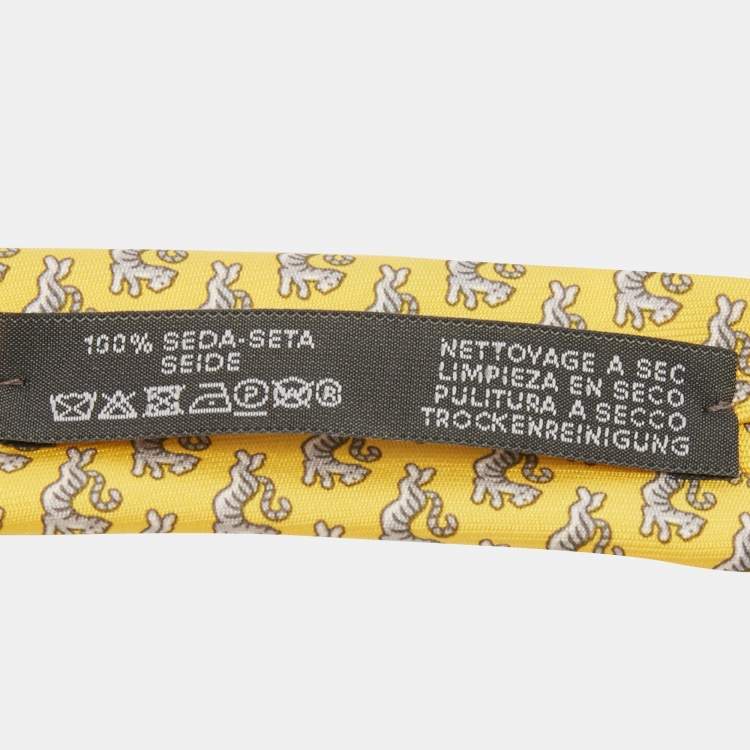 Pre Owned Hermes Yellow Happy Tiger Printed Silk Slim Tie