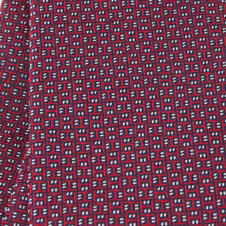 Pre Owned Hermès Navy Blue & Red 7 Drift Silk Jacquard Slim Tie