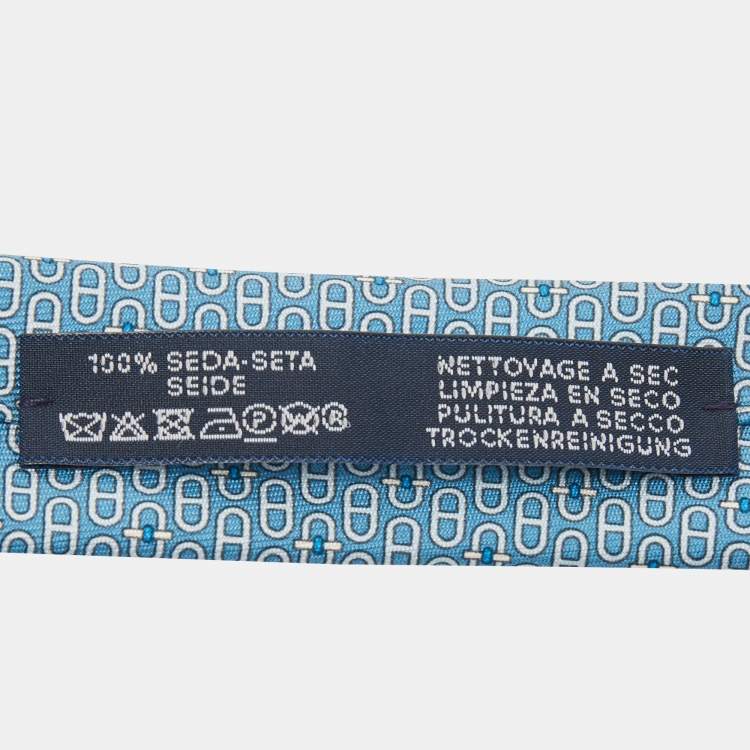 Pre Owned Hermès Blue 7 Glenan Twillbi Printed Silk Slim Tie