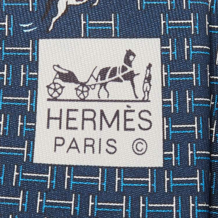 مملوكة مسبقًا Hermès Navy Blue 7 Quinte Printed Silk Slim Tie