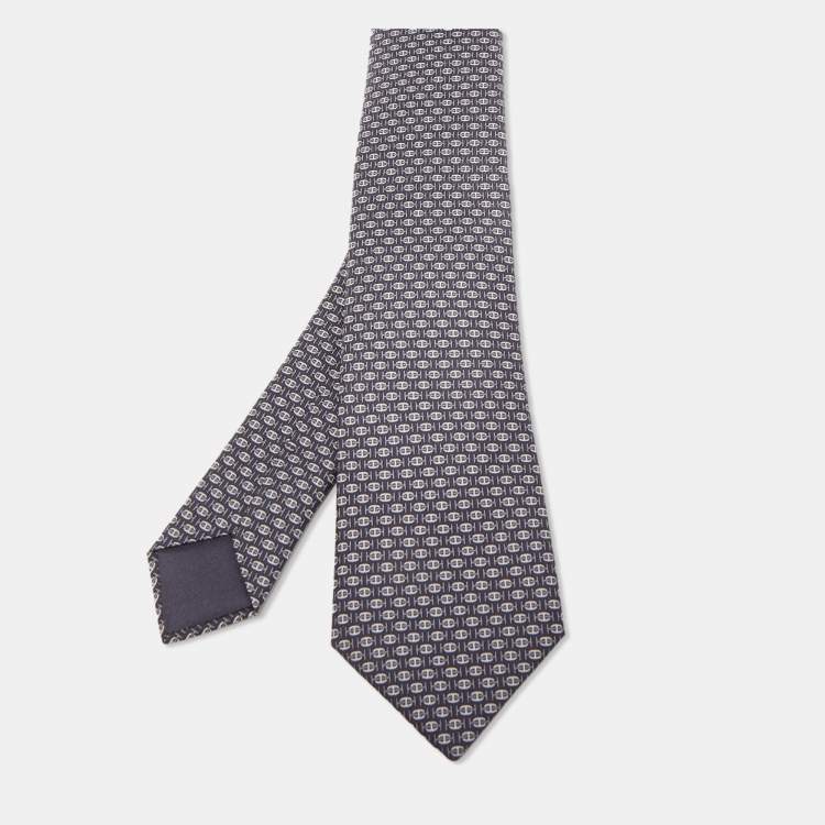 Pre Owned Hermès Black 7 H Au Maillon Printed Silk Slim Tie
