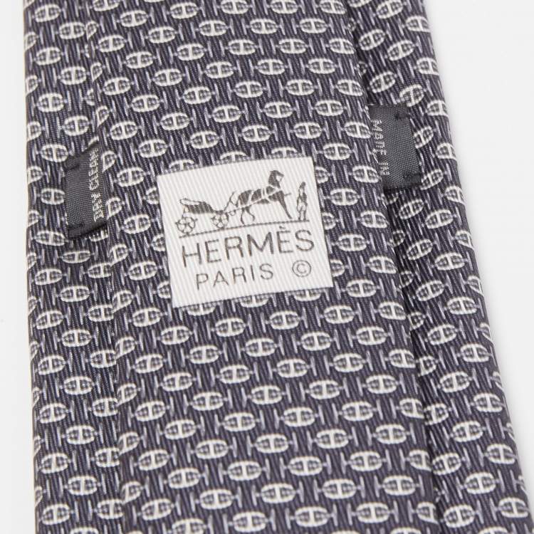 Pre Owned Hermès Black 7 H Au Maillon Printed Silk Slim Tie