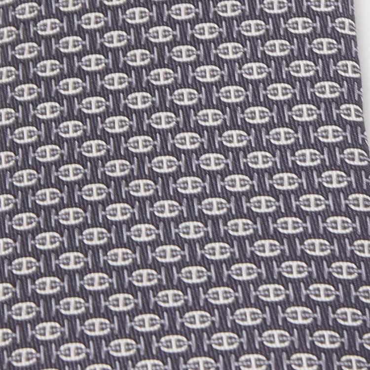 Pre Owned Hermès Black 7 H Au Maillon Printed Silk Slim Tie