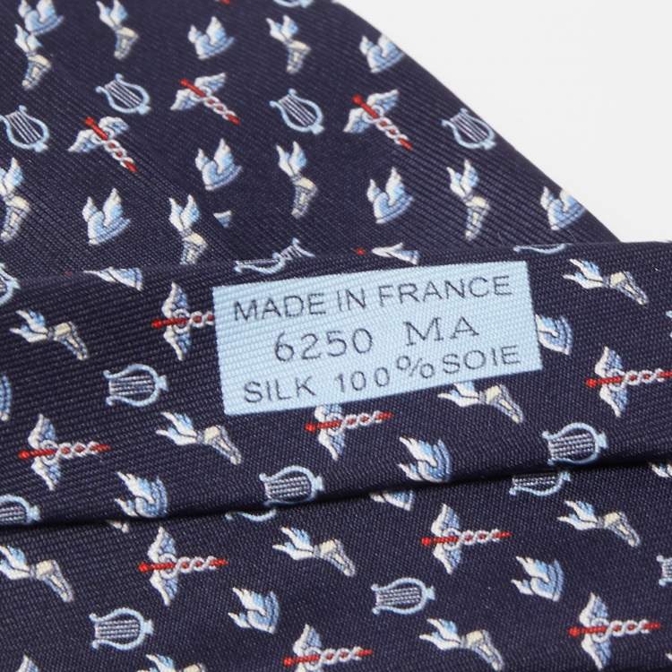 Pre Owned Hermès Navy Blue Flying Hermes Printed Silk Slim Tie