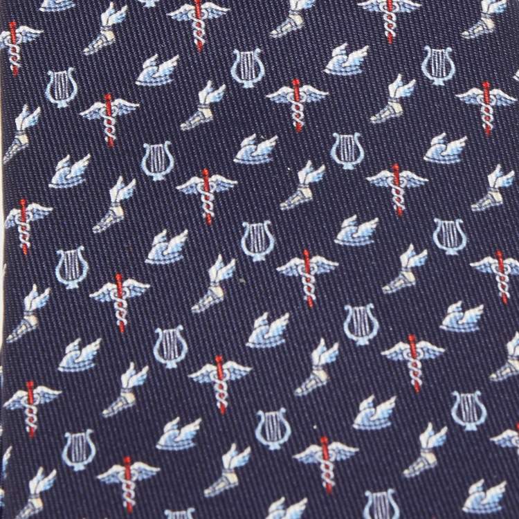Pre Owned Hermès Navy Blue Flying Hermes Printed Silk Slim Tie