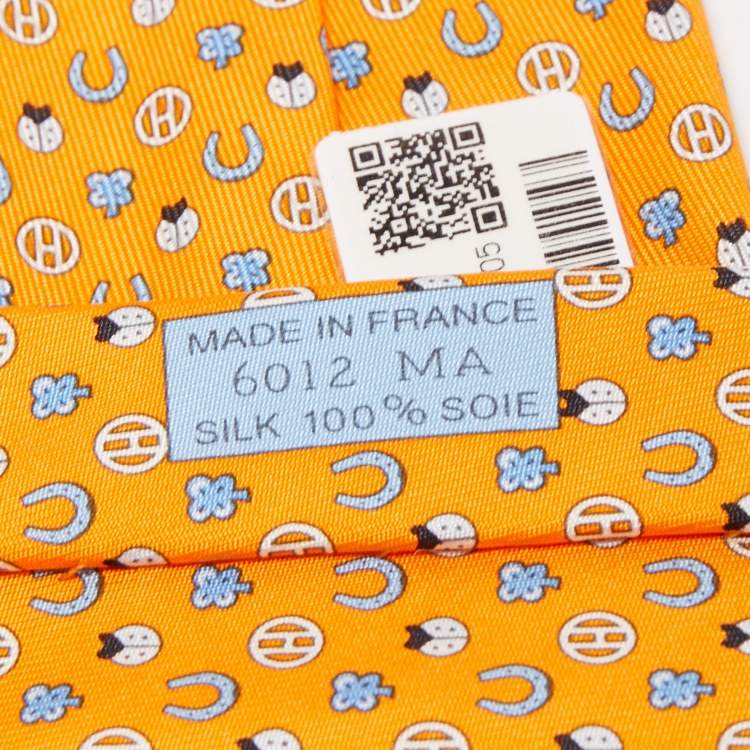 Pre Owned Hermès Orange Job Interview Printed Silk Slim Tie