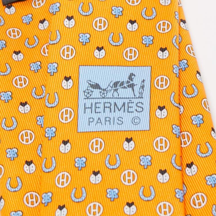 Pre Owned Hermès Orange Job Interview Printed Silk Slim Tie