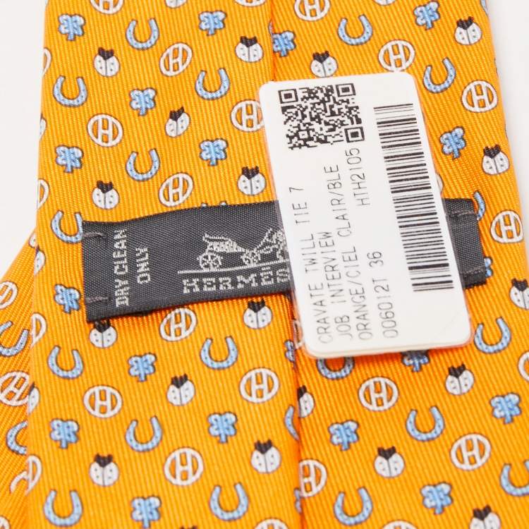 Pre Owned Hermès Orange Job Interview Printed Silk Slim Tie