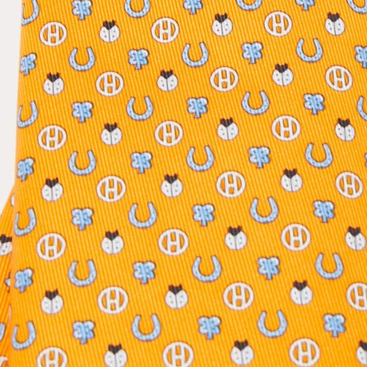 Pre Owned Hermès Orange Job Interview Printed Silk Slim Tie