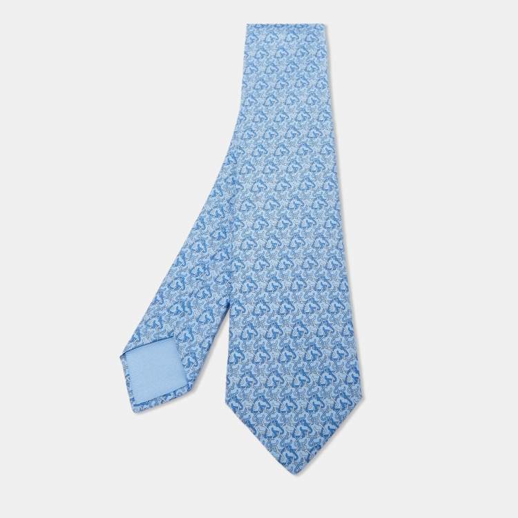Pre Owned Hermès Blue 7 Chevalophile Printed Silk Slim Tie