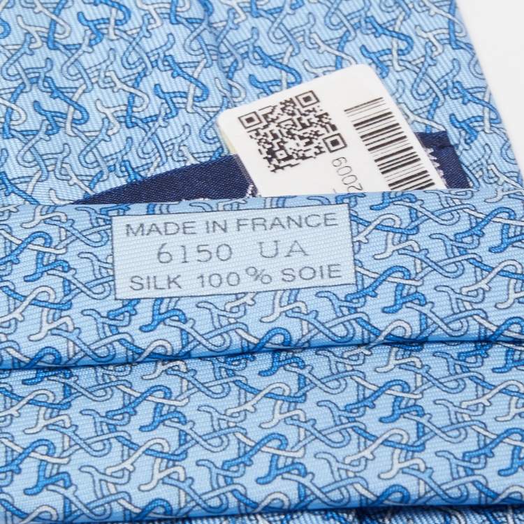 Pre Owned Hermès Blue 7 Chevalophile Printed Silk Slim Tie
