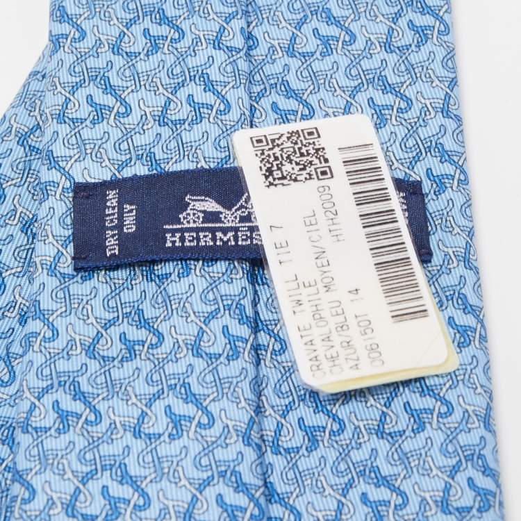 Pre Owned Hermès Blue 7 Chevalophile Printed Silk Slim Tie