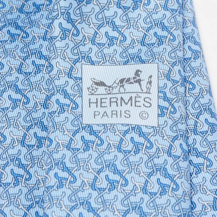 Pre Owned Hermès Blue 7 Chevalophile Printed Silk Slim Tie
