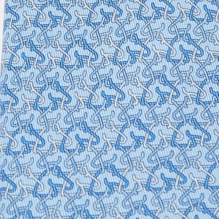Pre Owned Hermès Blue 7 Chevalophile Printed Silk Slim Tie